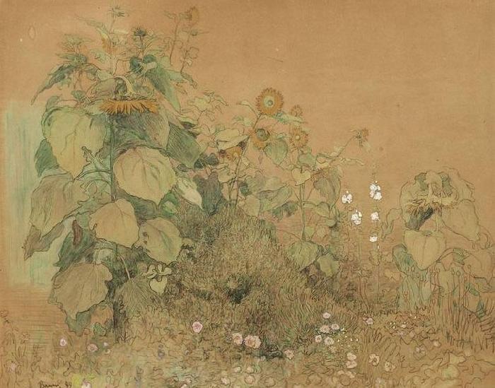 Paul Baum Gartenstuck mit grober und kleineren Sonnenblumen, Malven und anderen Blumen Norge oil painting art